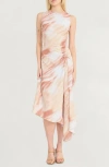 Luxely Asymmetric Satin Midi Dress In Light White Smoke/buff