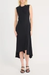 Luxely Beach Crepe Asymmetric Midi Dress In Black