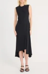 Luxely Beach Crepe Asymmetric Midi Dress In Black
