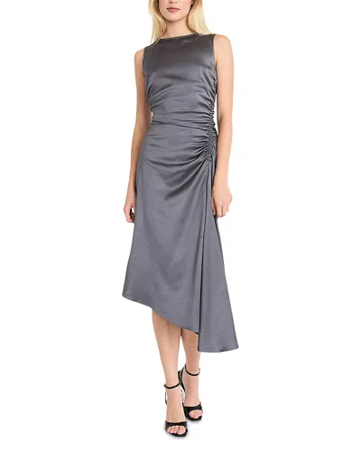 Luxely Boat Neck Asymmetric Midi Dress In Gray