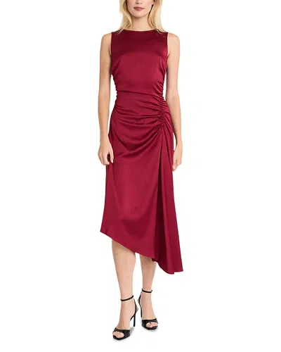 Luxely Boat Neck Asymmetric Midi Dress In Burgundy