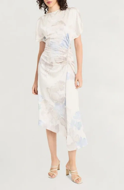 Luxely Draped Satin Midi Dress In Cream/tan