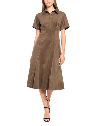 Luxely Faux Suede Short Sleeve Midi Shirt Dress In Brown
