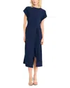 Luxely Short Sleeve Asymmetric Draped Midi Dress In Evening Blue