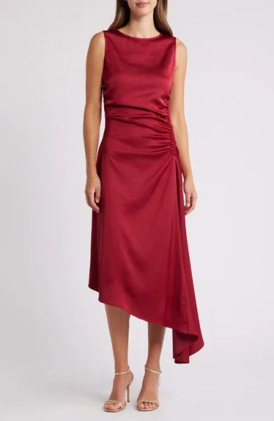Luxely Finch Ruched Satin Midi Dress In Rumba Red
