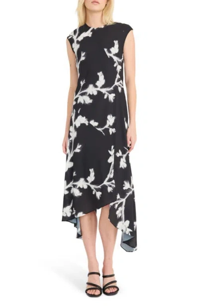 Luxely Floral Print Asymmetric Midi Dress In Black,soft White