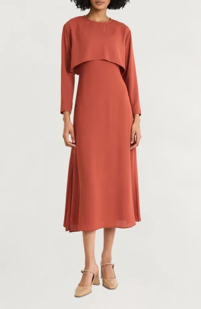 Luxely Long Sleeve Georgette Midi Dress In Picante