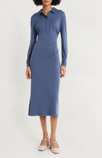 Luxely Long Sleeve Jersey Polo Dress In Vintage Indigo