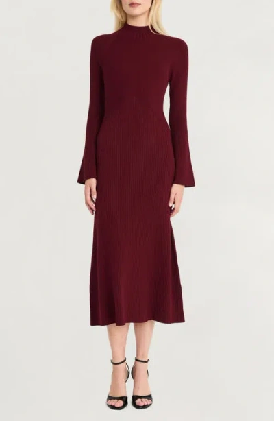 Luxely Long Sleeve Rib Midi Sweater Dress In Wine Tasting