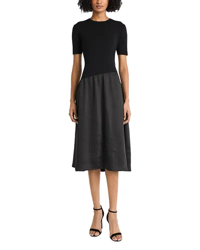 Luxely Mixed Media Elbow Sleeve Midi Dress In Black