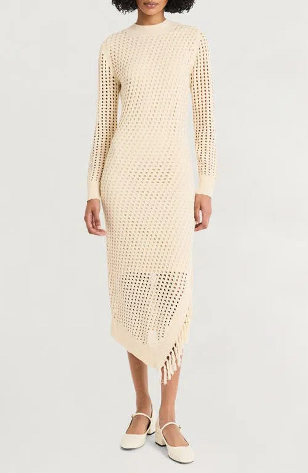 Luxely Open Stitch Fringe Long Sleeve Asymmetric Sweater Dress In White  Smoke | ModeSens