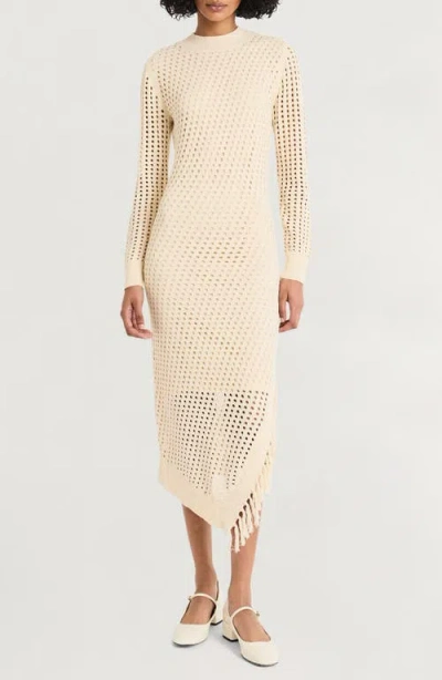 Luxely Open Stitch Fringe Long Sleeve Asymmetric Sweater Dress In White Smoke