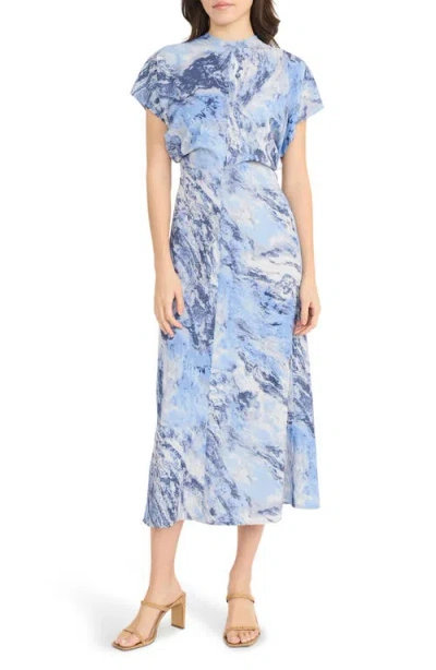 Luxely Print Drape Midi Dress In Blue
