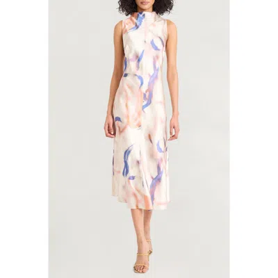 Luxely Print Sleeveless Satin Midi Dress In Multi