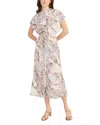 Luxely Printed Short Sleeve Gathered Midi Dress In Cream/tan