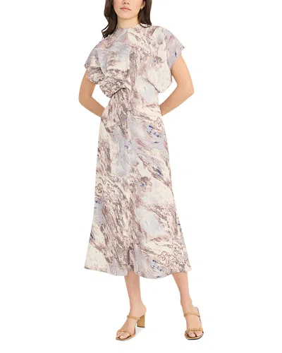 Luxely Printed Short Sleeve Gathered Midi Dress In Cream/tan