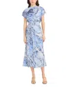 Luxely Print Drape Midi Dress In Grey/ Blue