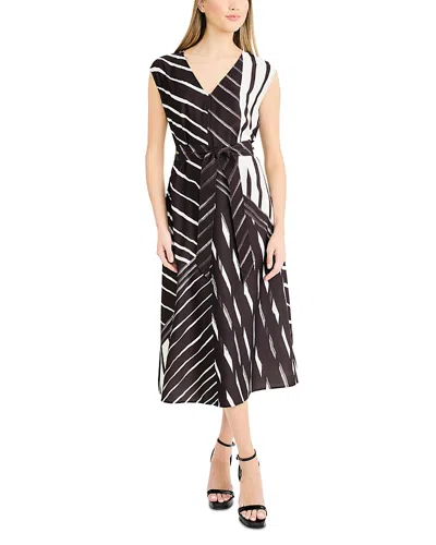 Luxely Printed Tie Waist V Neck Midi Dress In Black
