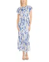 Luxely Printed Twist Front Midi Dress In Ivory/blue