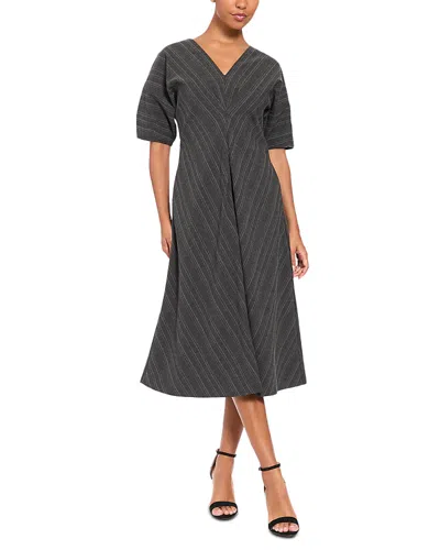 Luxely Puff Sleeve V Neck Midi Dress In Gray