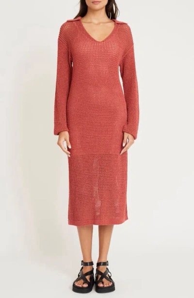 Luxely Rowan Open Stitch Long Sleeve Sweater Dress In Dusty Cedar
