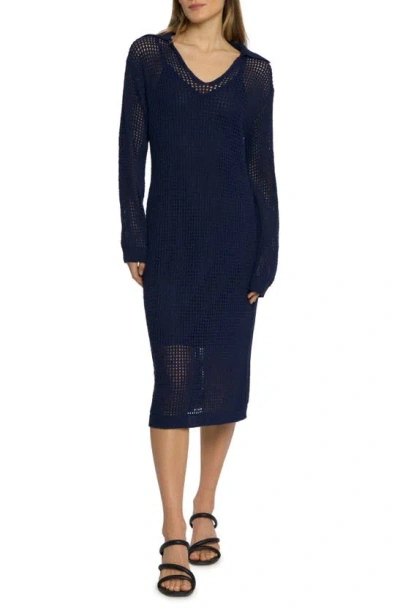 Luxely Rowan Open Stitch Long Sleeve Sweater Dress In Evening Blue