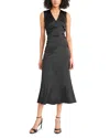 Luxely Ruched Satin Midi Dress In Black