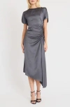 Luxely Short Sleeve Asymmetric Draped Midi Dress In Eiffel Tower