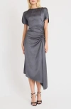 Luxely Short Sleeve Asymmetric Draped Midi Dress In Eiffel Tower