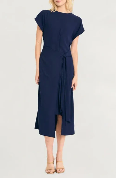 Luxely Short Sleeve Asymmetric Hem Midi Dress In Evening Blue
