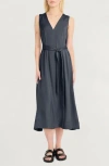 Luxely Sleeveless Belted Midi Dress In Gray
