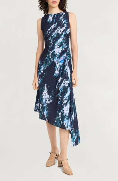 Luxely Sleeveless Ruched Asymmetric Midi Dress In Deep Eggplant/bottle Green