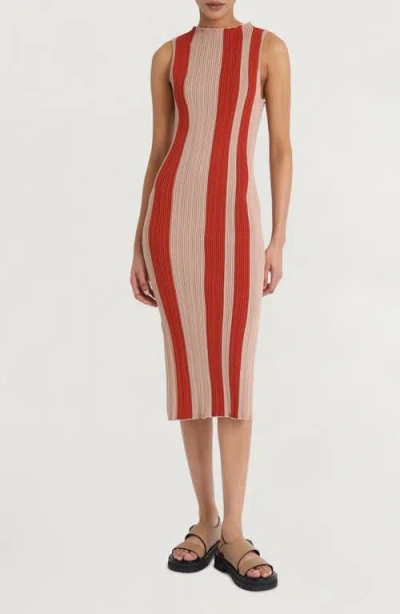 Luxely Stripe Sleeveless Rib Midi Dress In Warm Taupe/boss Nova