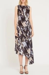 LUXELY SYLAN PRINT SLEEVELESS ASYMMETRIC MIDI DRESS