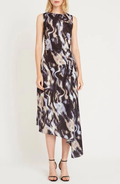 Luxely Sylan Print Sleeveless Asymmetric Midi Dress In Charcoal/ Wisteria