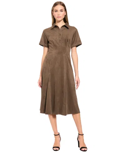 Luxely Women's Collared Button-front A-line Midi Dress In Dark Olive