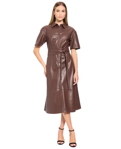 Luxely Women's Faux Leather Short-sleeve Midi Dress In Brown