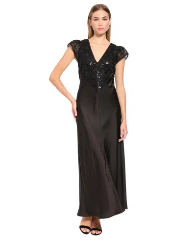 Luxely Women's Flutter-sleeve Embroidered Satin Midi Dress In Black