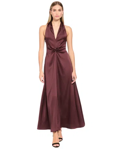 Luxely Women's Halter Gathered V-neck Keyhole-back Midi Dress In Decadent Chocolate