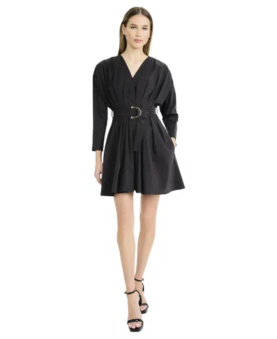 Luxely Women's Long Sleeve V-neck Mini Dress In Black