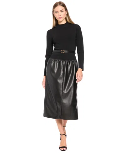 Luxely Women's Long-sleeve Mock-neck Mixed-media Midi Dress In Black