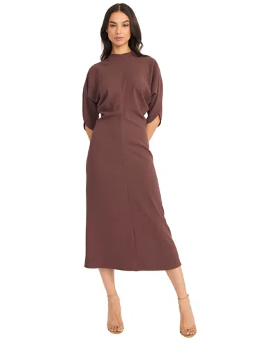Luxely Women's Mock-neck Three-quarter Sleeve Midi Dress In French Roast