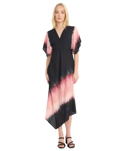 Luxely Women's Ombre Handkerchief-hem Flutter-sleeve Chiffon Midi Dress In Black,blossom Pink