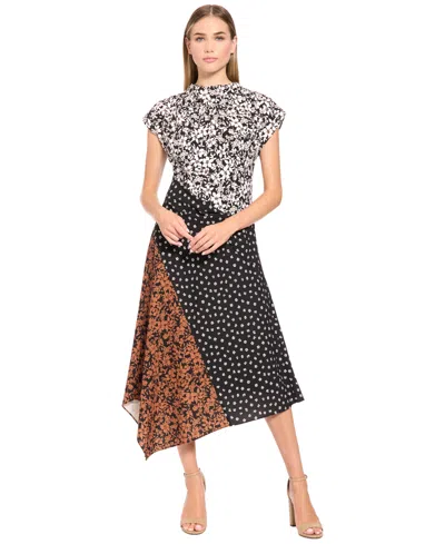 Luxely Women's Patchwork Print Mock Neck Midi Dress In Black,caramel