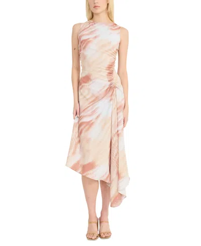 Luxely Women's Printed Ruched Asymmetrical Midi Dress In Light White Smoke,buff