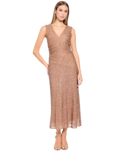 Luxely Women's Sequin V-neck Ruched Midi Dress In Brown