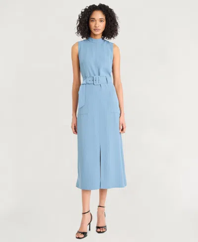 Luxely Women's Twill Belted Mock-neck Sleeveless Dress