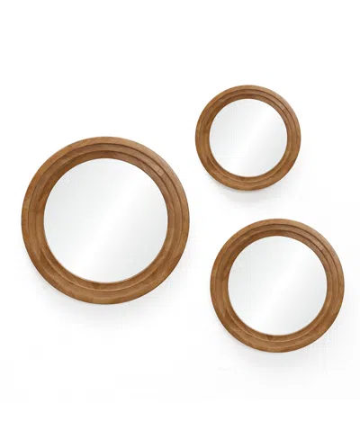 Luxenhome 3-piece Round Rubberwood Frame Accent Wall Mirror Set In Brown