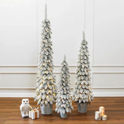 Luxenhome 3-piece Snow-flocked Slim Artificial Tree Set With Battery Operated Lights In Multi