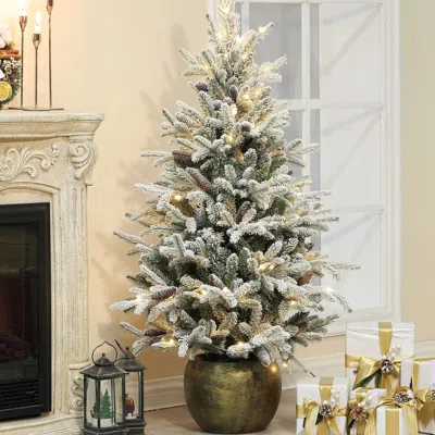 Luxenhome 4.5ft Pre-lit Led Artificial Flocked Pine Tree With Pine Cones And Pot In Multi